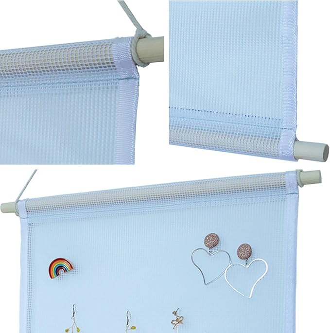 Earring Organizer Wall Mount - Hanging Jewelry Display Holder for Studs, Dangle Earrings & Necklaces, Large Capacity Mesh Cloth Rack - Storage，Display Organizer for Women and Girls (white)