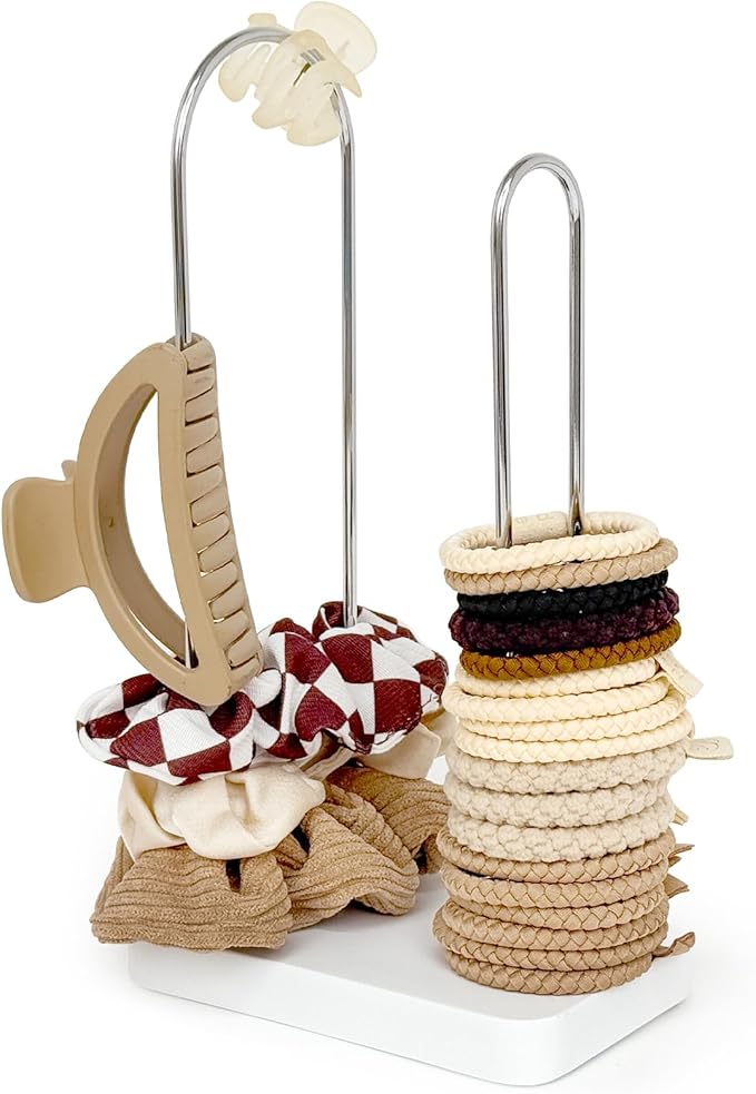 2-Tier Hair Tie Organizer, Modern Scrunchies Storage Tower Holds 30-50 Hair Accessories, Claw Clip Holder, Fashion Countertop Display Stand for Women & Girls(White)