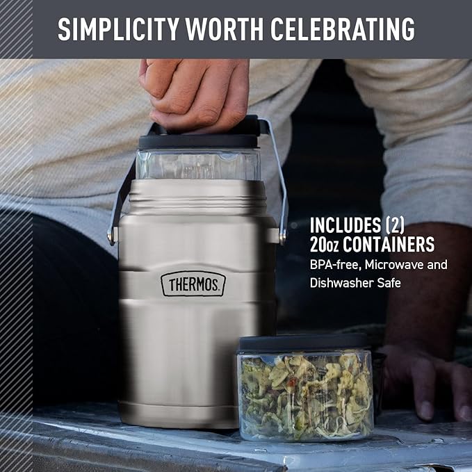 THERMOS Stainless King Vacuum-Insulated Food Jar with 2 Storage Container Inserts, 47 Ounce, Matte Stainless Steel