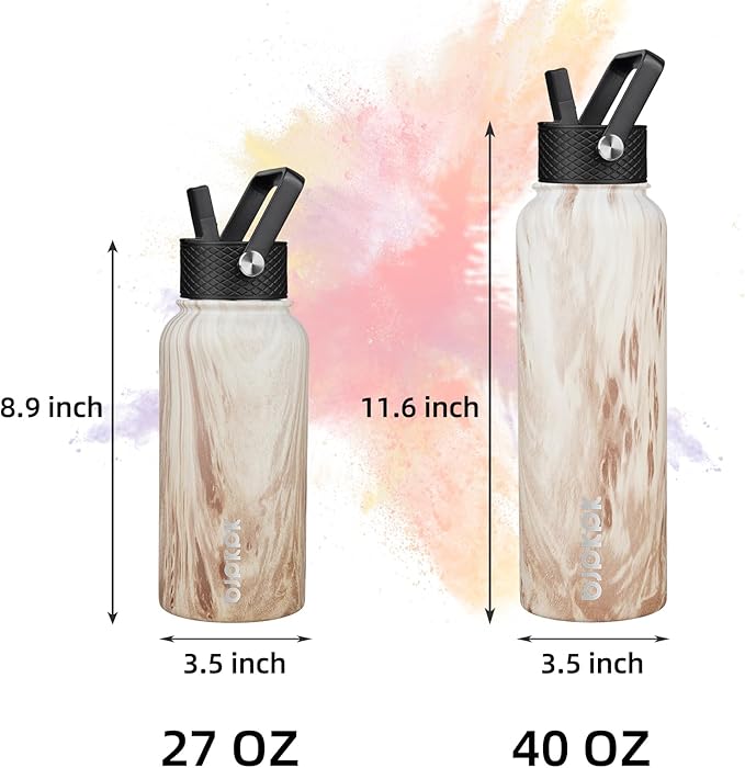 BJPKPK Insulated Water Bottles with Straw Lid, 27oz Stainless Steel Water Bottle with 3 Lids, Leak Proof BPA Free Metal Thermo, Mugs, Tumblers, Keep Cold Hot - Wood- Yellow Gray