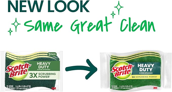 Scotch-Brite Heavy Duty Scrub Sponge, 6 Kitchen Sponges for Tough Messes - Lasts 3X Longer*, Perfect for Cast Iron Skillets & Outdoor Grills, Flexible & Durable Construction (Pack of 6)