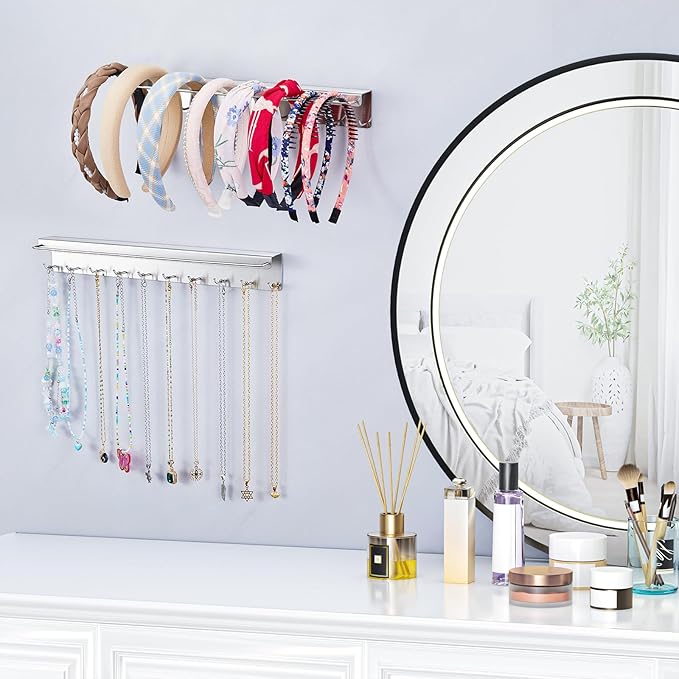 2PCS Necklace Holder Wall Mount, Hanging Jewelry Organizer, Sunglasses Holder, Headband Holders, Necklace Organizer Display with 20 Hooks for Earring,Bracelet,Glasses Storage for Women Men, Silver