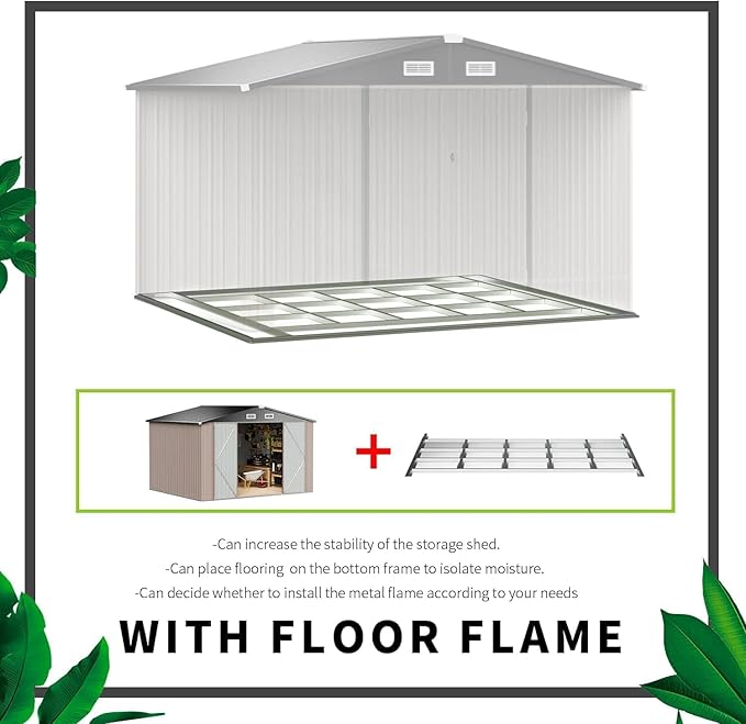 Aoxun 8x10 FT Shed Outdoor Storage Shed with Base, Large Shed Steel Utility Tool Shed Storage House with Door & Lock, Metal Sheds with Sloped Roof for Garden Patio Lawn Poolside, Brown