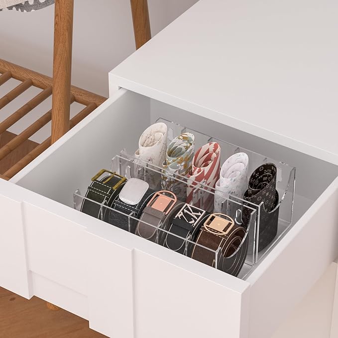 5 Compartments Acrylic Belt Organizer, Clear Belt Display Case for Tie Organizer Wall Mounted