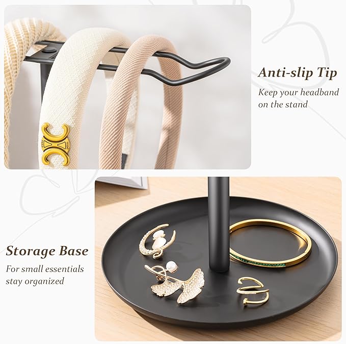 Headband Holder for Hair Accessories: Elegant Organizer with Storage Tray, Perfect for Girls' Vanity, Dresser, or Bathroom, Black