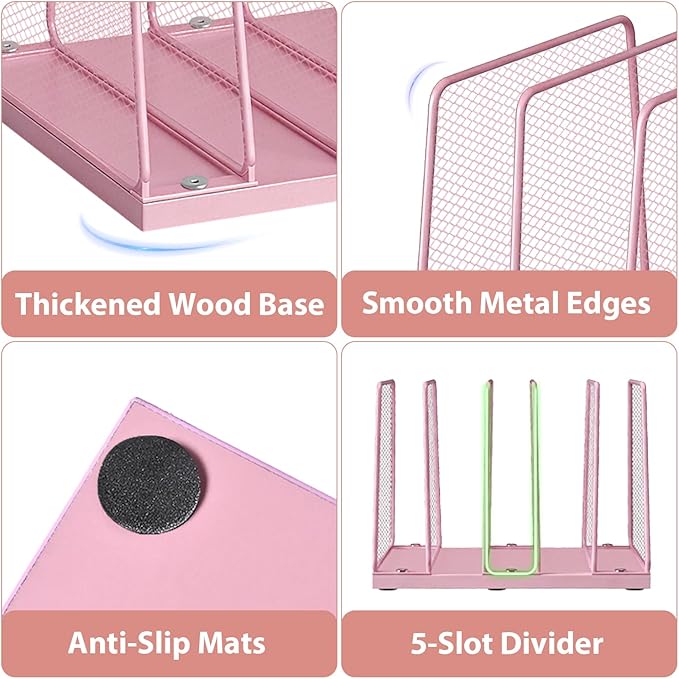 Small Desk File Organizer, 5-Section Upright File Sorter, Vertical File Folder Holder, Mesh Metal Wood Office Desktop Organization for Document, Magazine, Books and more (Pink)