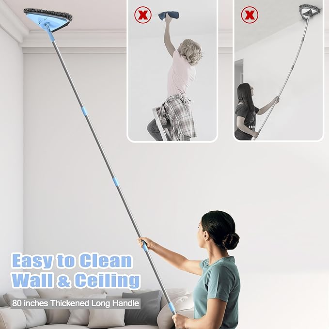 NEWE Wall Mop Cleaner with 80 Inches Long Handle, 180° Folding Ceiling Cleaning Tool with Squeegee (Chambray Blue)