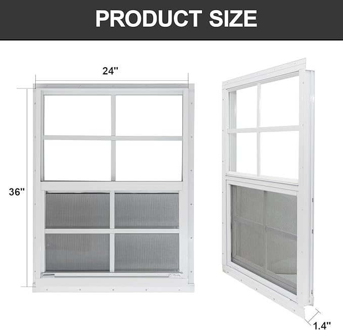 Yuzzy 24" x 36" Shed Windows with Tempered Glass and Fiberglass Screen, 2 Pack Small Sliding Windows for Shed, Chicken Coop, Playhouse, Household, Garage, Barns (White)