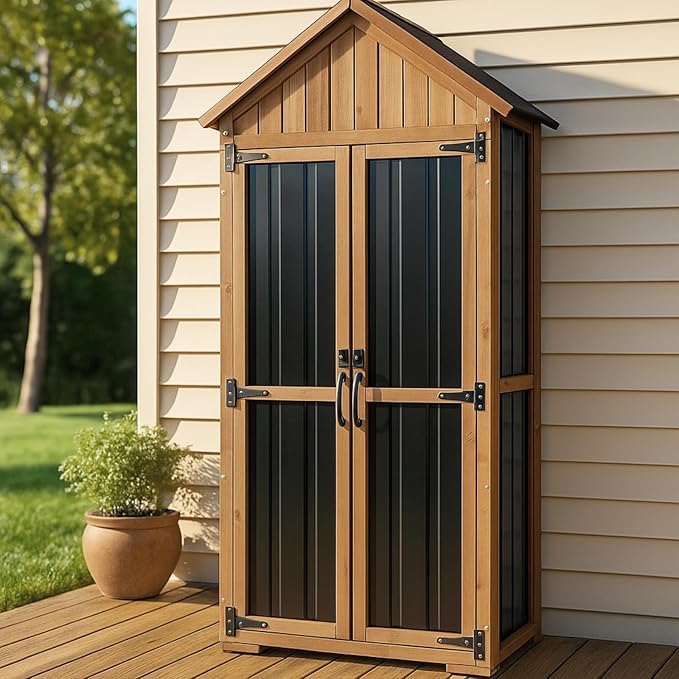 Outdoor Storage Cabinet, Wood & Metal Storage Shed with Weather-Resistant Roof, Adjustable Shelf, Lockable Doors & Adjustable Feet, for Garden, Patio, Backyard, 27.5" x 13" x 67"