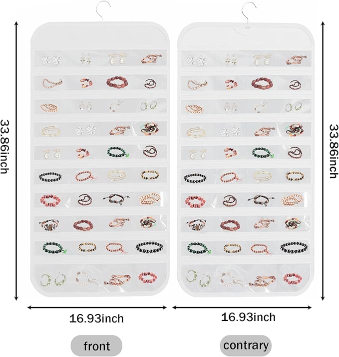80 Pockets Double-Sided Hanging Jewelry Storage Bag, Transparent Earring, Bracelet, Ring Bag, 33x17 Inch Large Size Fits Wardrobe/Shelf Rod, Travel Portable, Non-Woven(White)