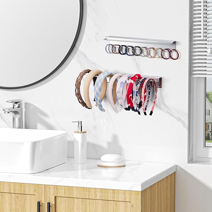 2PCS Necklace Holder Wall Mount, Hanging Jewelry Organizer, Sunglasses Holder, Headband Holders, Necklace Organizer Display with 20 Hooks for Earring,Bracelet,Glasses Storage for Women Men, Silver