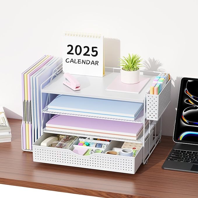gianotter Wood Desk Organizers and Accessories with File Holder, 4-Tier Desk Accessories & Workspace Organizers with Drawer and Pen Holder, Paper Organizer for Office Supplies (White)