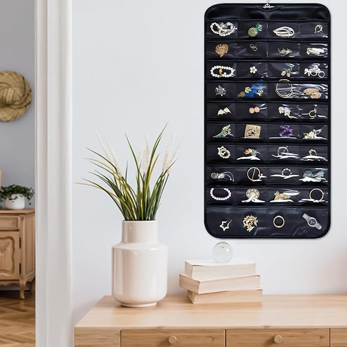 Hanging Jewelry Organizer Storage Roll with Hanger Metal Hooks Double-Sided Jewelry Holder for Necklaces, Earrings, Rings on Door, Wall, Closet, 80 Pocket Organizer,Black