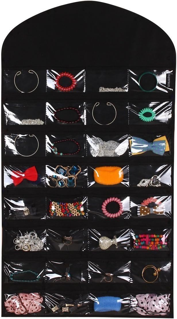32 pockets& 18 hook-and-loop tabs Hanging Jewelry Organizer Dual Sides Space-saving Household Accessory Holder Storage Bag (Mode B Black)