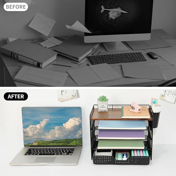 Desk Organizers and Accessories, 5-Tier Paper Letter Tray Organizer with Drawer & 2 Pen Holders, Desktop Organizer for Office Supplies (Wood)
