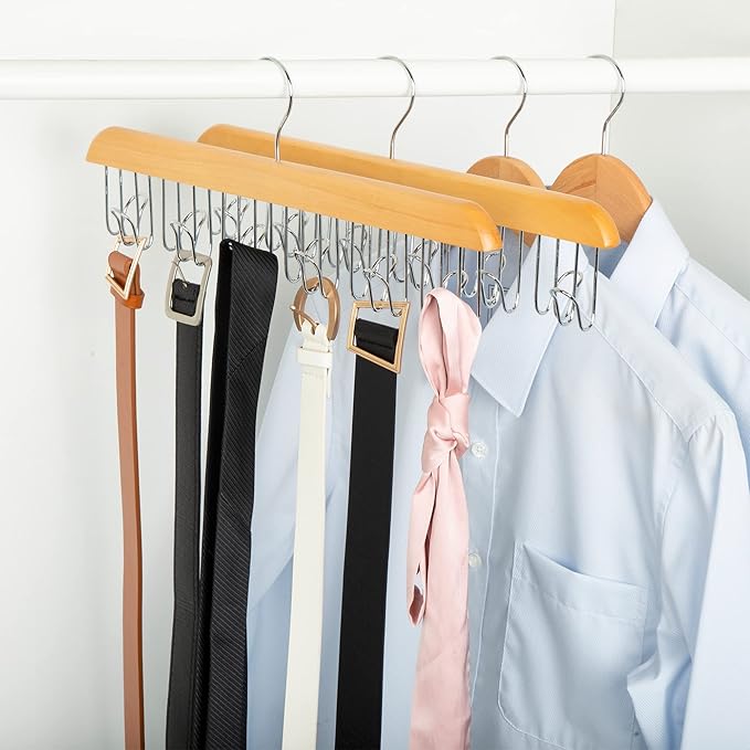 Amazon Basics Wooden Belt Hanger Closet Organizer, Multifunctional, Smooth Finish, Natural, 2-Pack