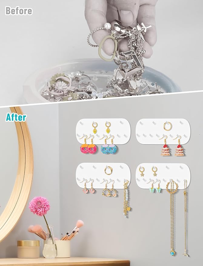 NiHome Wall Mounted Jewelry Organizer Set of 4 – 12 Hook Rounded Rectangle Design, No-Drill Installation – Premium PP Plastic, Moisture-Proof, Space-Saving Storage – 14CM x 6CM x 1.6CM White