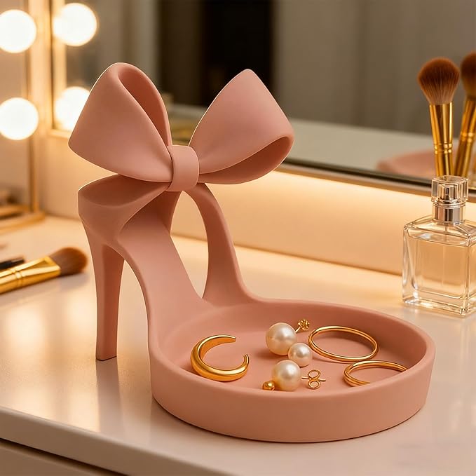3D Printed High Heel Jewelry Holder & Organizer Tray With Elegant Bow Decor-Ring Display Stand, Earring, Bracelet Holder For Vanity, Desk Top, Dresser - Unique Home Decor Gift For Women (Pink)