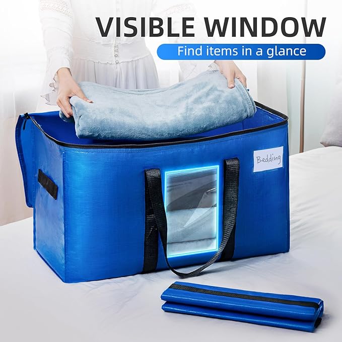 TAILI Extra Large Moving Bags, 10 Pack Blue Heavy Duty Totes for Storage with Visible Window, Wrap Around Handles, Storage Bags for Space Saving, Alternative to Moving Boxes