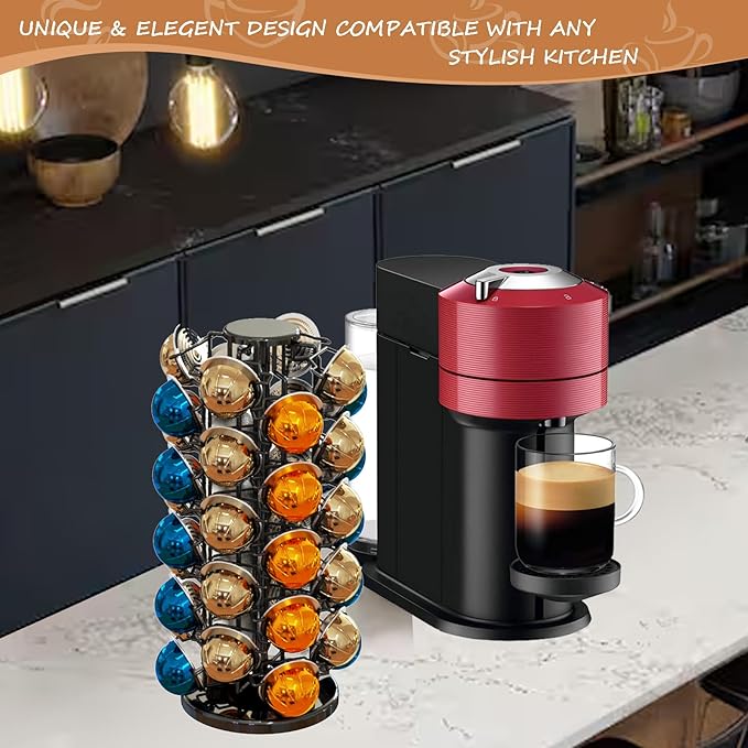 Coffee Pods Holder Organizer, 360 Degrees Revolving Pod Carousel Compatible for 40 Nespresso Vertuo Pods No Assembly Required Nespresso Pods Holder Tower Stand,Piano Black