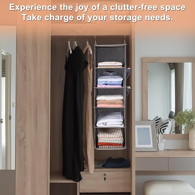 BOOMIBOO Hanging Closet Organize and Shelves，5-Hanging Shelf with 2 Side Pockets，Storage Foldable （2 Pack ，Grey）