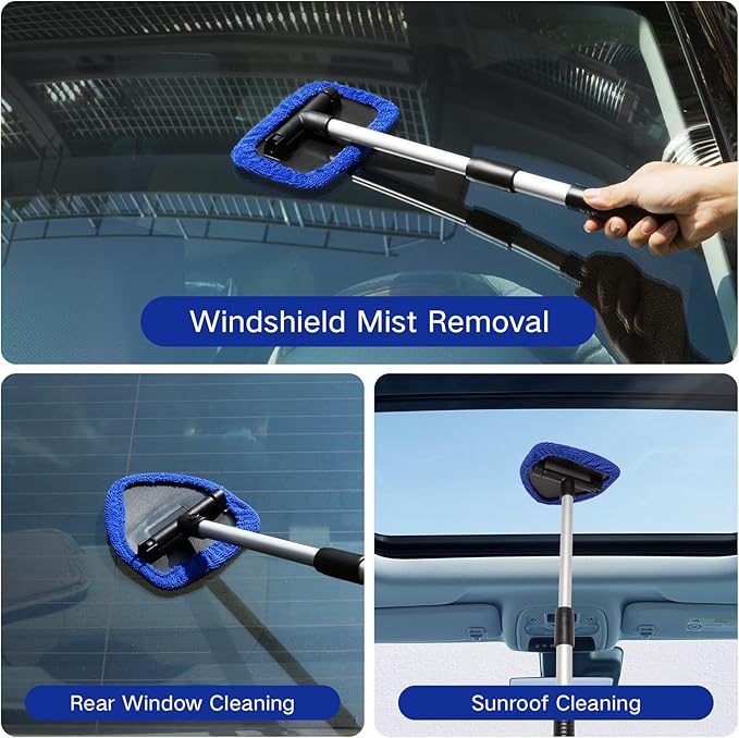 10pcs Windshield Cleaner Tool, Car Window Cleaning Wash Kit with 4 Reusable Microfiber Pads 1 Spray Bottle and Extendable Handle Auto Glass Wiper Kit, Blue&Gray