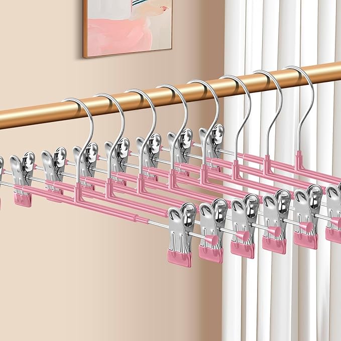 Pants Hangers with Clips 10 Pack Adjustable Skirt Hangers for Women Non-Slip Trousers Hanger for Jeans Clothes Hangers for Pants Heavy Duty Space Saving Shorts Hangers,Pink,12Inch