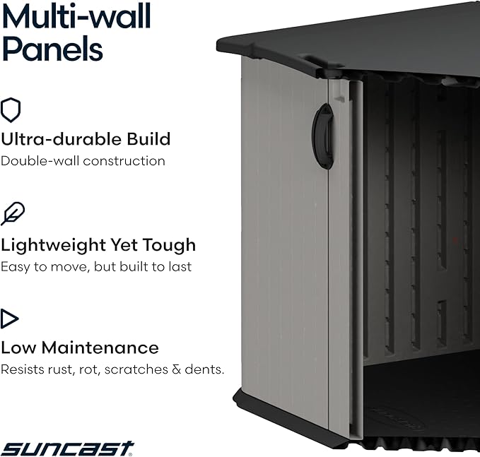 Suncast 138 Cu Ft Horizontal Outdoor Storage Shed, 57.5"x79.75"x52" Glidetop Outdoor Shed with Sliding Lid, Resin Storage Sheds with Floor for Bikes, Motorcycles, & Lawn Mower, Made in The USA