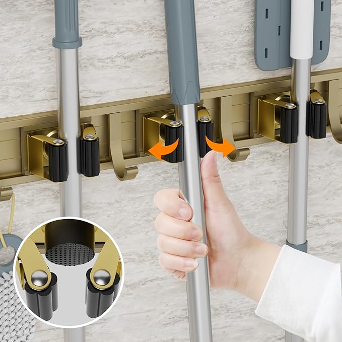 reliahom Broom Holder Wall Mount, 5 Racks with 4 Hooks Bronze - Mop Storage Tool Racks, Broom Hanger Tool Organizer for Garage, Kitchen, Garden, Laundry Room