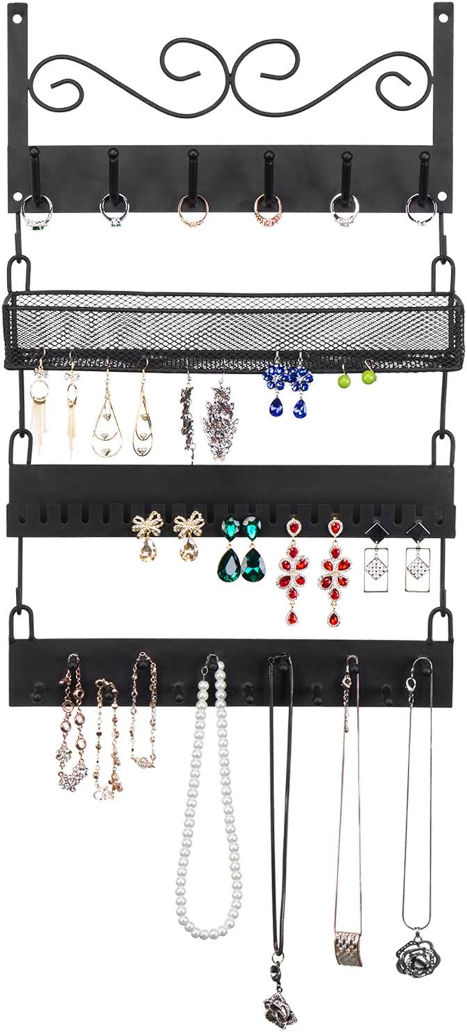 MyGift 4-Tier Wall Mounted Black Metal Hanging Jewelry Organizer with 18 Hooks, Earring Holder and Necklace, Bracelet Display Rack