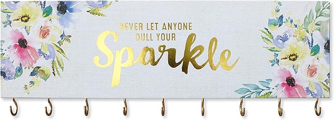 SANY DAYO HOME Never Let Along Dull Your Sparkle Wall Mount Necklace Holder Organizer with 9 Jewelry Hooks for Ring, Hair Bow, Headband, Purse - Wall Decor for Girls Room