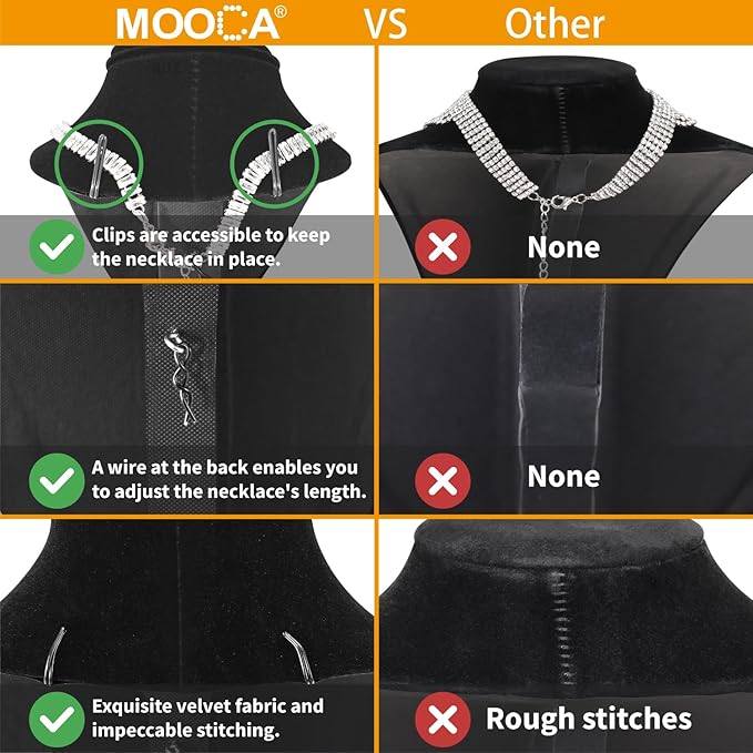 MOOCA 2-Piece Black Velvet Necklace Bust Display Set - Adjustable Hook - Jewelry Mannequin Stand for Necklaces & Chains up to 16-6 1/4 in H
