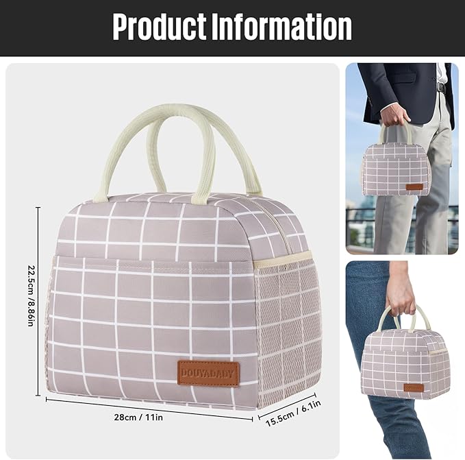 Lunch Bag Women/Men Lunch Box Women/Men (Grey+White Blocks)