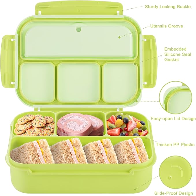 Bento Box Adult Lunch Box, Lunch Containers for Kids Girls Boys with 4 Compartments, Lunchable Food Container with Utensils, Sauce Jar, Muffin Liners, 40 Oz/5 Cup, Bright Green