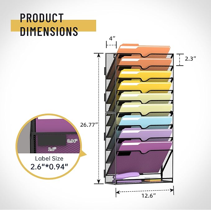 SUPEASY 10Tier Hanging Wall File Holder Organizer for Papers, Folders, Files Clipboard & Magazine Organization Great for Office Home, Assembly Needed, Black