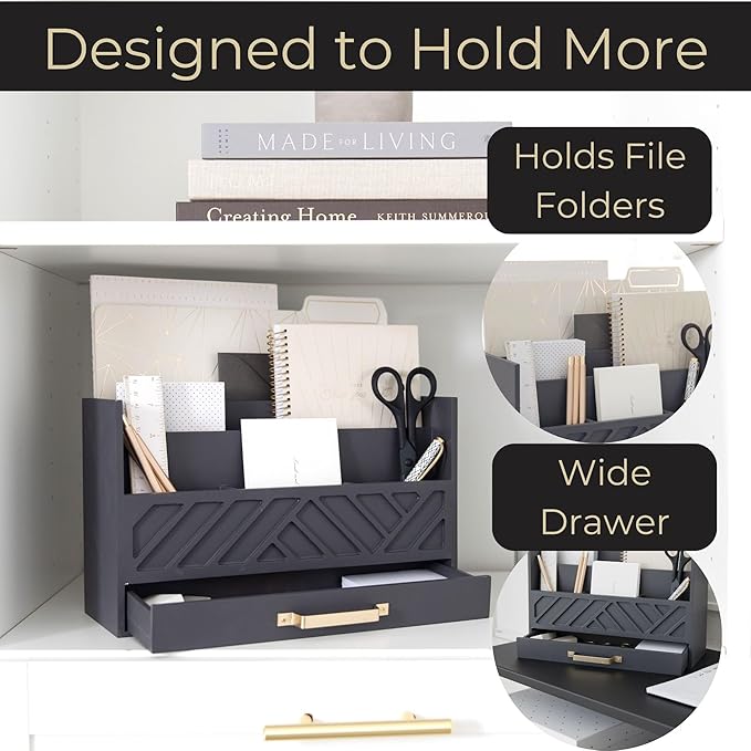 BLU MONACO | Wooden Mail Organizer with Drawer Gold Handle | Mail Sorter Organizer Countertop and Outgoing Mail Holder | Tabletop Organizer with Drawers Grey Desk Storage
