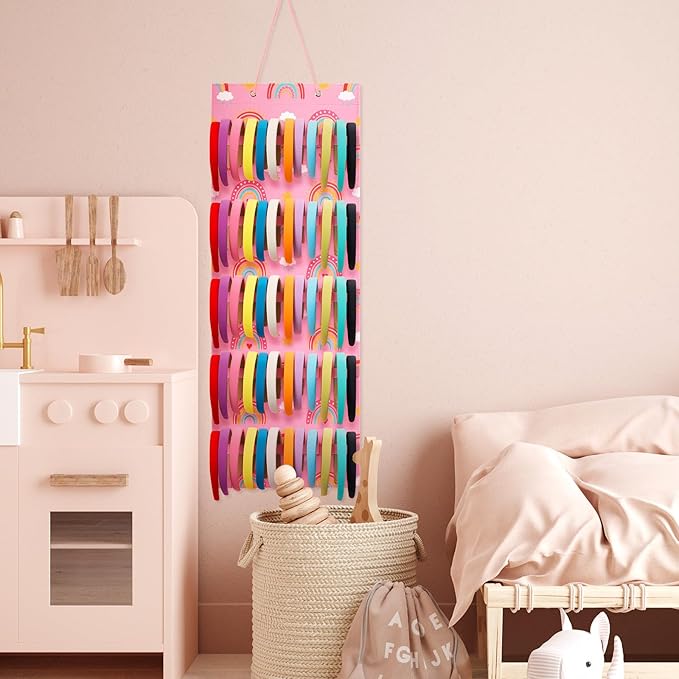 Tudomro Hanging Headband Holder for Girls Felt Hair Accessories Organizer with 60 Elastic Bands Bow Hanger for Girls Hair Bows Without Headbands(Rainbow,Pink)