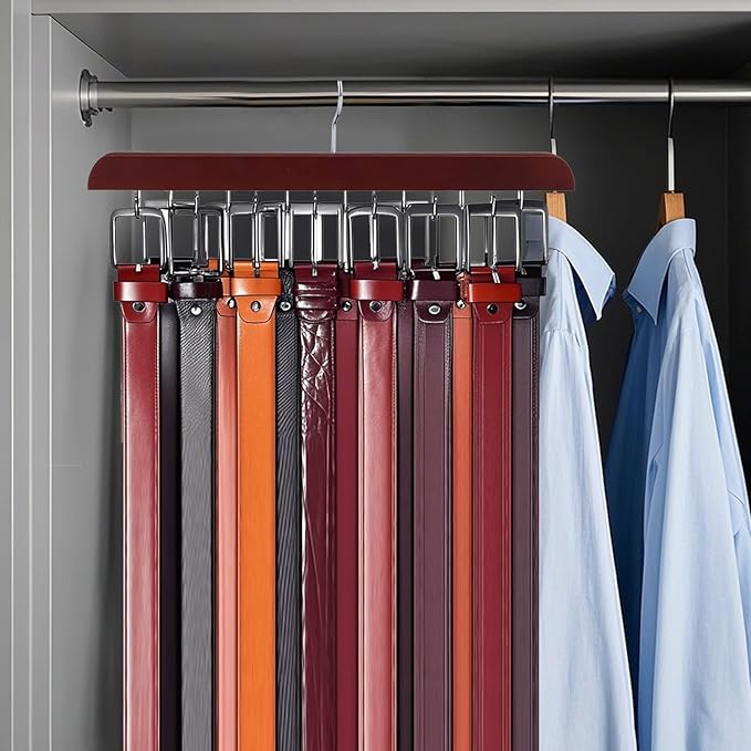 2pcs Red Tie Rack Hanger & Belt Hanger, Stainless Steel Tie Holder Organizer with 20 Folding Hooks Multipurpose 360° Swivel Belt Holder for Closet Storage, Men's Accessories