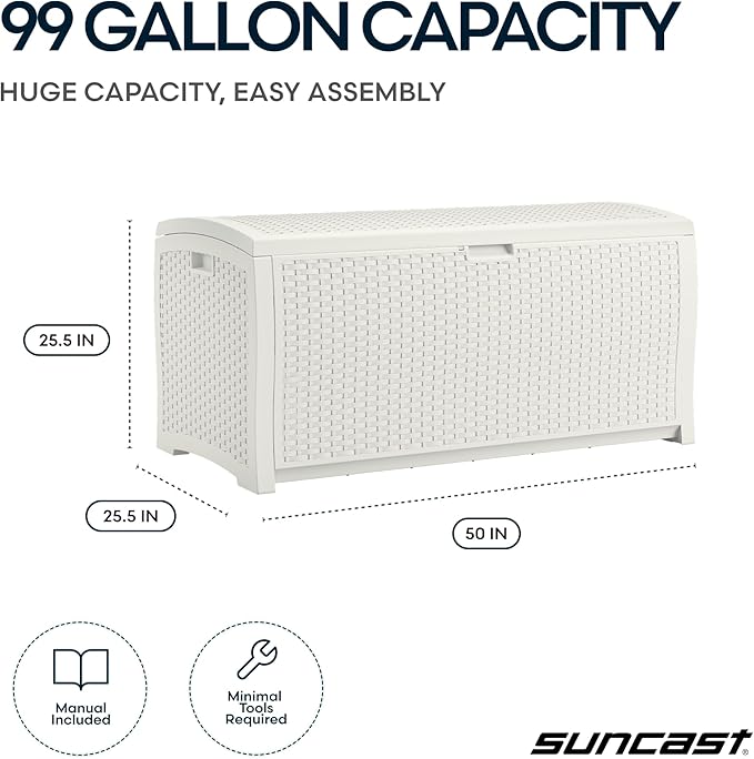 Suncast 99 Gallon Wicker Horizontal Outdoor Deck Box with Hinged Lid, Water-Resistant Storage Solution for Patio, Deck, Yard, and Garage, White, Made in the USA