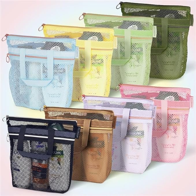 Mesh Shower Bag 10.2x9.9'' Quick-Dry Caddy with Zipper & 2 Pockets. Portable Toiletry Tote for Bathroom, Gym, Travel, Camp, Beach, for Sunscreen, Dorm & College Essentials (Blue)