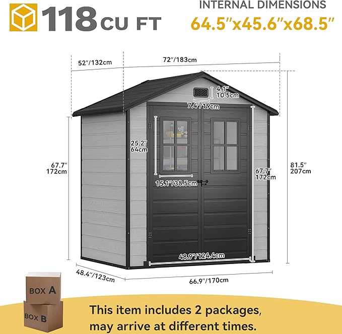DWVO 6x4.4 FT Outdoor Storage Shed, Plastic Garden Tool Shed with 2 Windows, Double-Wall Outside Shed for Lawn Mower, Garden Tool for Backyard, Patio, Lawn