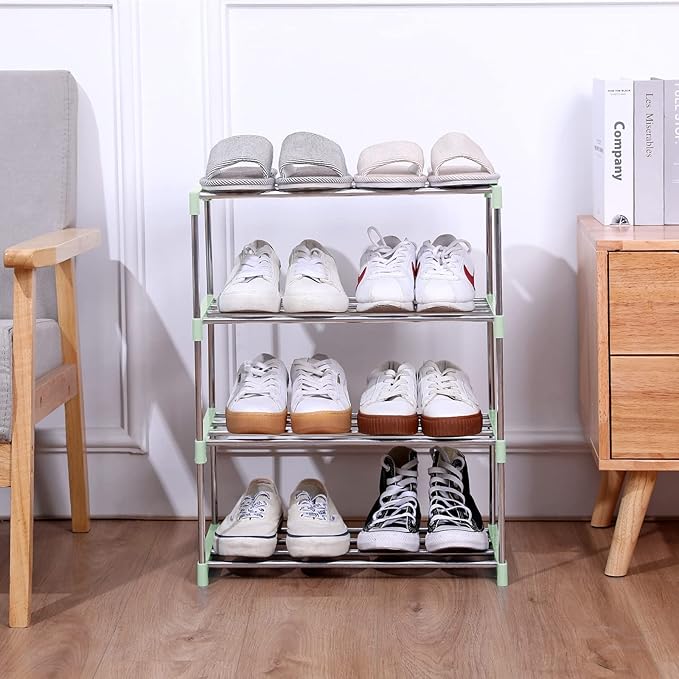 Stackable Small Shoe Rack, Entryway, Hallway and Closet Space Saving Storage and Organization (4-Tier, Green)