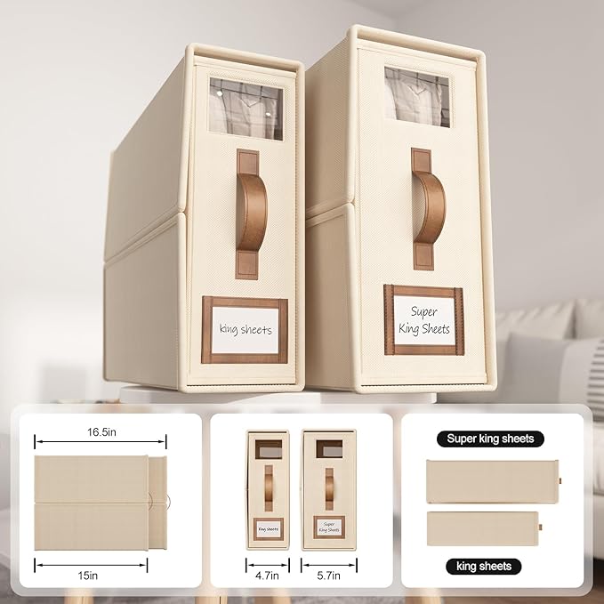 4 Pack Foldable Bed Sheets Set Organizers and Storage(Cal King Size),Linen Fabric Closet Organizers with Window,Folding Bedding Storage Box for Bedsheets and Pillow Cube Organizer-Beige