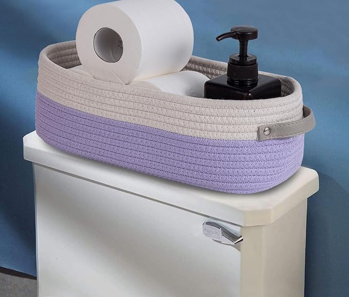 2 Pack Small Cotton Rope Woven Basket Toilet Paper Baskets for Organizing Decorative Baskets for Boho Decor Small Storage Basket 13"x5.9"x4" Purple