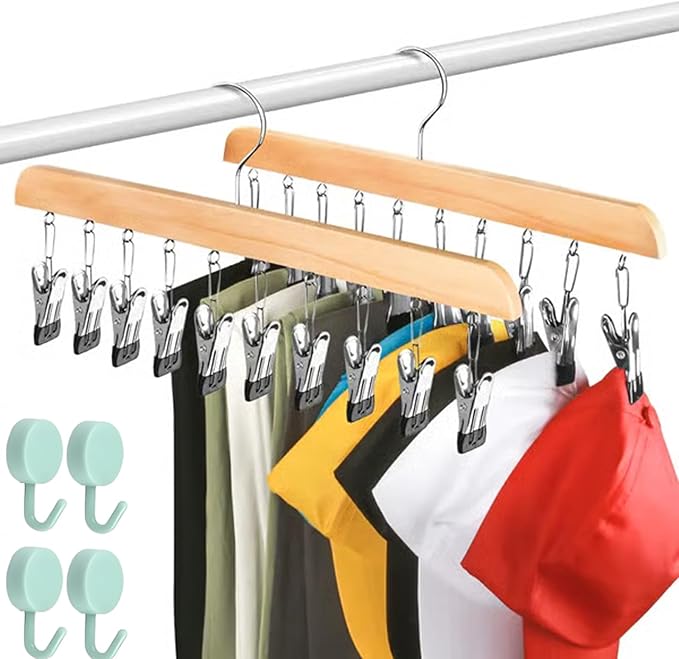 Closet Organizer with 10 Clips - Space Saving Hanging Closet Organizer, Legging Organizer for Closet Hanging, 360° Rotating Metal Clips with Silicone Lining for Hat Sock Clothes (2 Sets-B)
