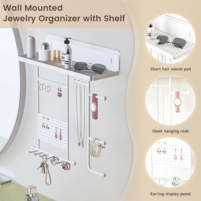 Wall Mounted Jewelry Organizer with Shelf: Metal Display Stand with Velvet Pad, Multi-Layer Necklace Hanging Rack for Bedroom Bathroom Space Saving No-Drill Wall Decor