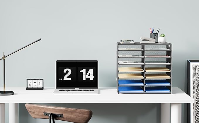 EasyPAG Paper Trays for Classroom 14 Tier Mesh Desk Organizer Shelves with Handle A4/Letter Size File Folder Organizer Shelf for Office, School, Home, Silver