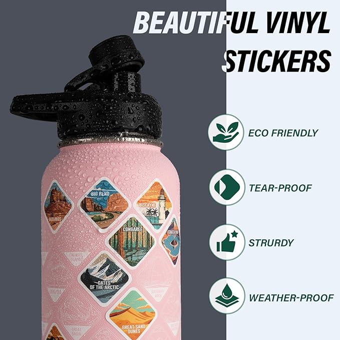 National Parks Water Bottle – 40 oz Insulated Stainless Steel Bottle with 63 Hand-Drawn Park Stickers, Carrier Bag, Strap & Gift Box – BPA-Free – Ideal for Hiking, Camping & Travel