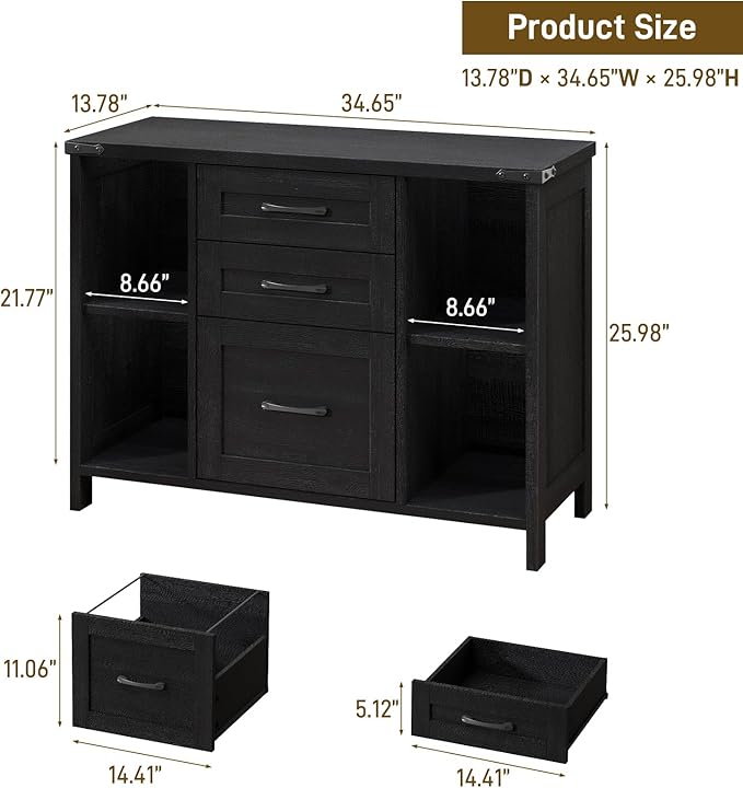 3 Drawer File Cabinet, Farmhouse Lateral Filing Cabinet Fits Files Letter or A4 Size, Wooden Printer Stand with Open Storage Adjustable Shelf for Home Office, Black