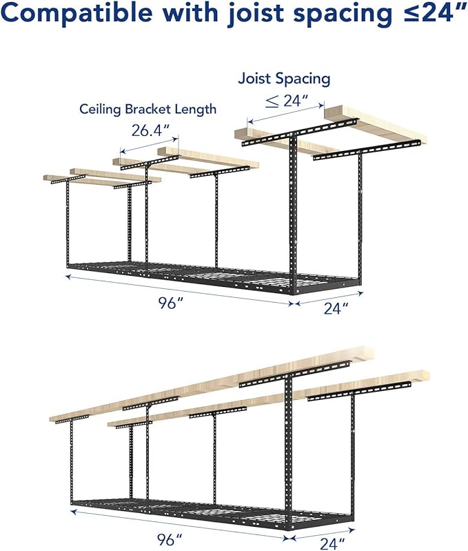 FLEXIMOUNTS 2x8 Garage Storage Rack, Adjustable Overhead Storage Organization System, Heavy Duty Metal Ceiling Rack, 400lbs Weight Capacity, Black, Classic Series